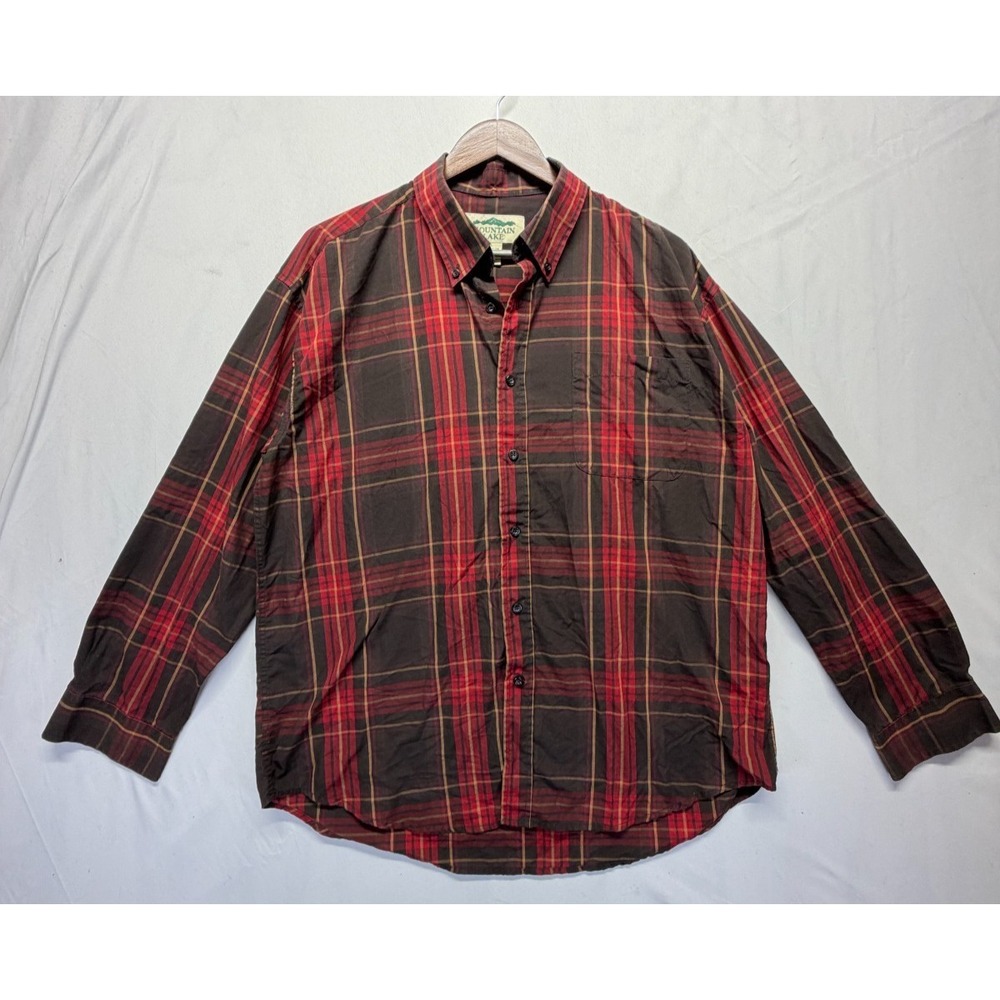 Mountain Lake Shirt Mens Large Red Brown Plaid Cotton Curved Hem‎ Button Down